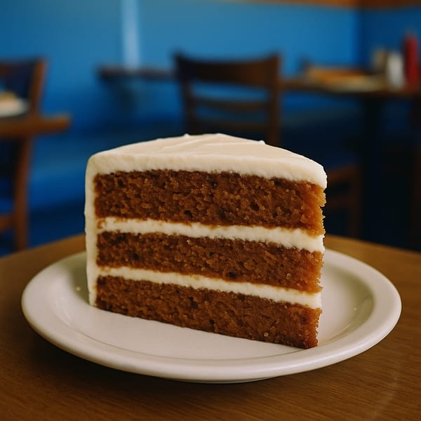 A slice of layered cake with white frosting on a plate, in a restaurant setting.