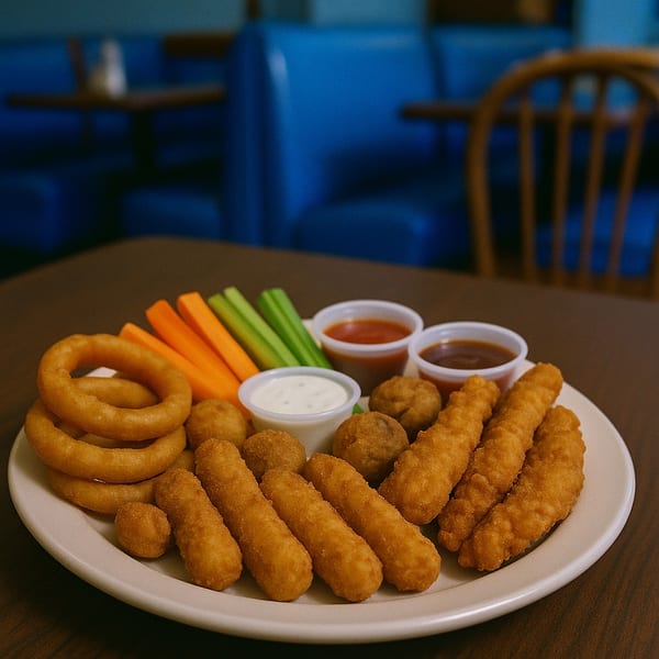 A platter of fried appetizers, including onion rings, mozzarella sticks, and chicken tenders, with dipping sauces.