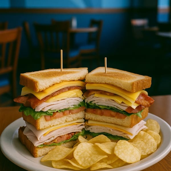 A large club sandwich with turkey, bacon, cheese, lettuce, and tomato, served with potato chips.