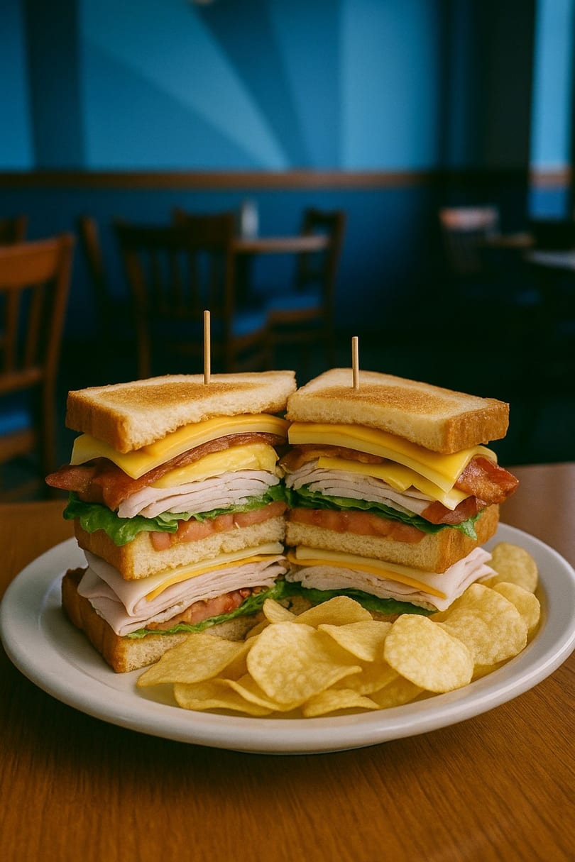 A large club sandwich with turkey, bacon, cheese, lettuce, and tomato, served with potato chips.