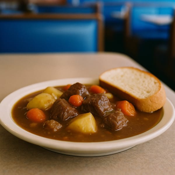 A bowl of John's Famous Stew with beef, carrots, and potatoes, served with a slice of bread.