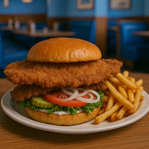 John's Famous Stew's crispy fried chicken sandwich with lettuce, tomato, onion, pickles, and fries.